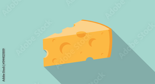 Slice of yellow cheese with holes casting a long shadow in a flat vector design style on a light teal background.