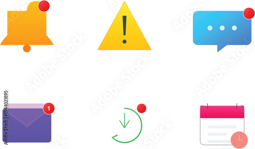 Set of 6 notification icons vector, alert symbols, chat and email icons