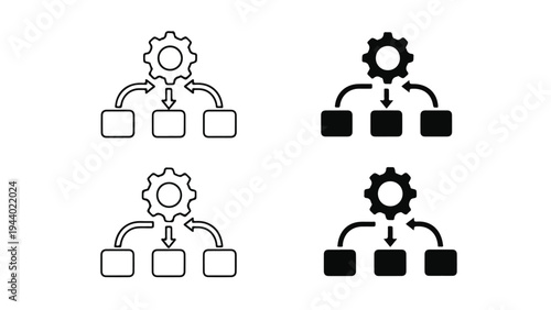 A set of four black and white flowchart icons depicting gear and box connections on a white background.
