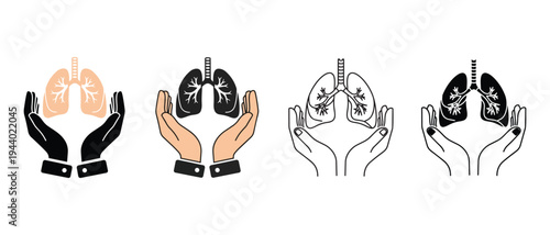 Collection of diverse iconography representing lungs held gently in human hands for health and medical concepts