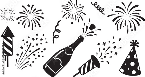 New Year's Eve Celebration Icons and Fireworks Illustration Set