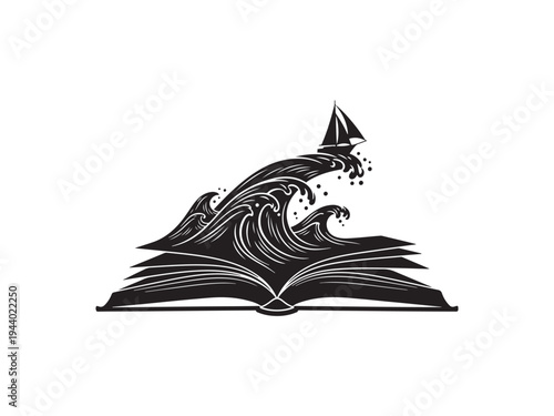 Nautical sailboat navigates turbulent ocean waves erupting from an open book on white background