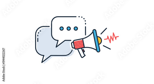 Megaphone announcement icon with speech bubbles and signal waves in a colorful flat vector style for marketing communications.