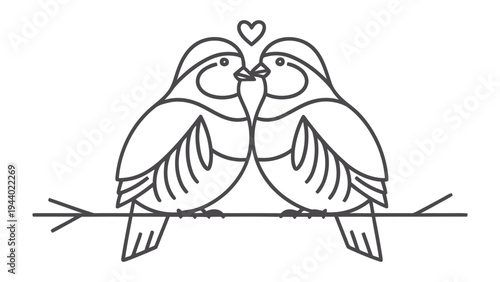 Love Birds on Branch: Two endearing lovebirds, perched delicately on a slender branch, share a tender moment as a heart hovers above them. A sweet emblem of love and companionship.