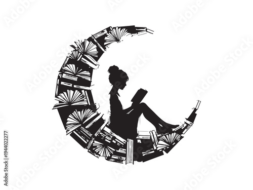 Photos A woman sits on a crescent moon made of books reading a book.
