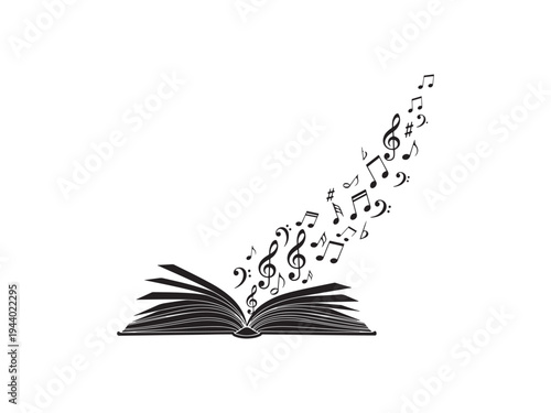 An open book with black musical notes flowing from its pages on white background. on white background.