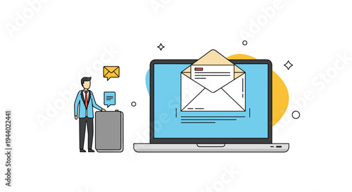 Email marketing concept showing a man sending a message from a smartphone to a large laptop screen with an open envelope.