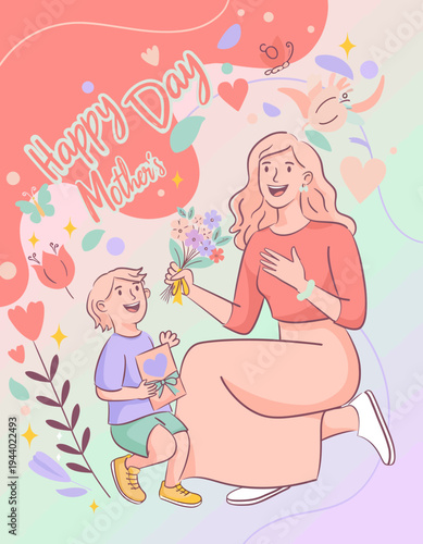 Happy Mother's Day illustration a mother happily receiving a gift and flowers from her son, surrounded by pastel-colored hearts, tulips, and butterflies, conveying love and joy