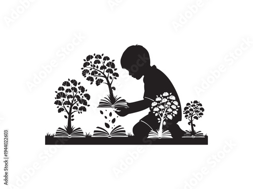 Silhouette of a young boy planting knowledge trees growing from open books on white background.
