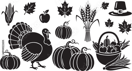 Thanksgiving icons including turkey, pumpkins, and fall leaves illustration
