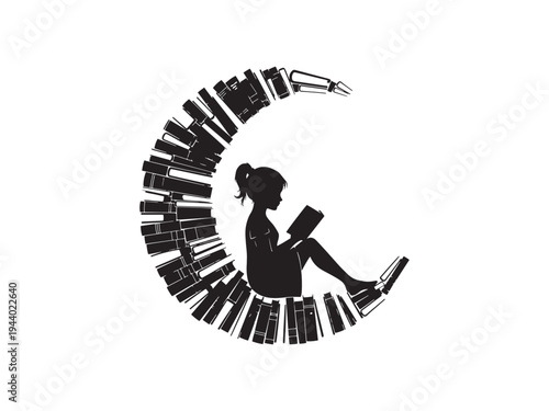 Silhouette of a young girl absorbed in reading a book while sitting upon a crescent moon shape cleverly constructed entirely from stacked black and white vintage publications.