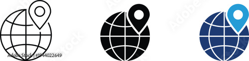 Global location icon showing world map and navigation pin. Professional illustration for international shipping, worldwide logistics, global travel tracking, and web mapping services.