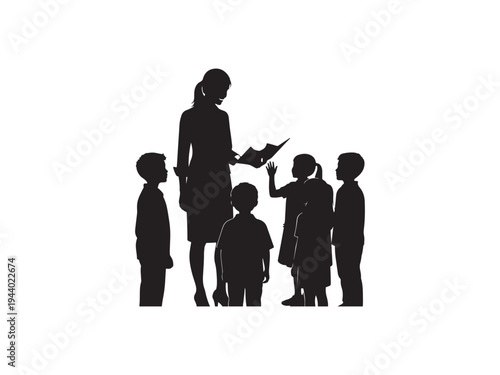 Smiling teacher reading an illuminated storybook to a group of attentive children on white background.
