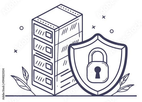 A digital illustration of a server rack with a shield icon representing cybersecurity. isolated on transparent background, isolated on white background, Vector