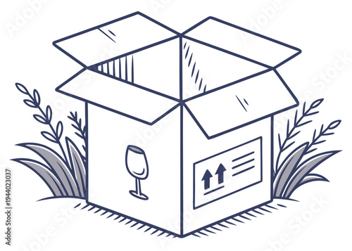 An open cardboard box revealing a small computer monitor inside surrounded by grass. isolated on transparent background, isolated on white background, Vector