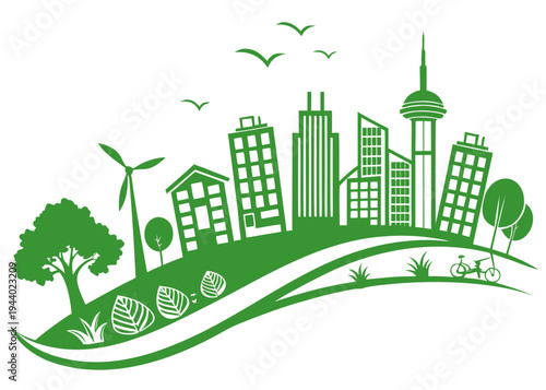 A vibrant cityscape with green buildings and trees surrounded by nature. isolated on transparent background, isolated on white background, Vector