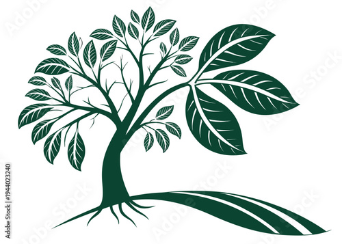 A detailed illustration of a tree with lush green leaves and a sturdy brown trunk isolated on transparent background, isolated on white background, Vector