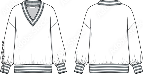 V-Neck Oversized Varsity Style Sweatshirt Vector Technical Flat Sketch with Striped Ribbed Trim Details Front and Back View for Fashion Design