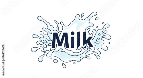 Dark blue milk text overlay on a dynamic water splash illustration representing freshness and healthy beverage choices.