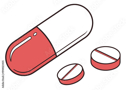 A large red pill capsule with two smaller pills lying next to it isolated on transparent background, isolated on white background, Vector