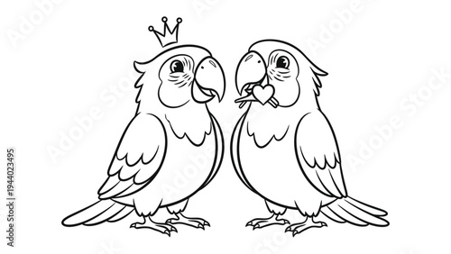 Lovebird Pair Outline: A delightful line drawing of two lovebirds. One bird wears a crown while the other holds a heart.