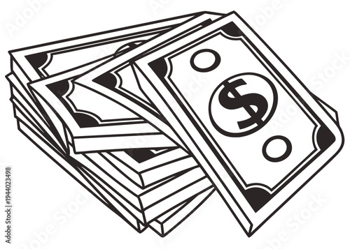 A stack of us dollar bills with a prominent dollar sign on the topmost bill isolated on transparent background, isolated on white background, Vector