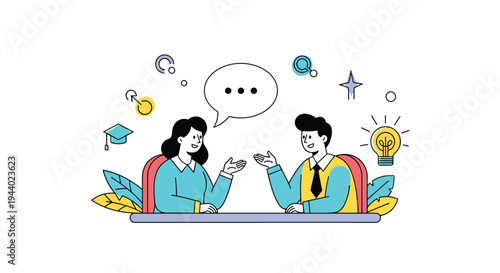 Colorful flat illustration of two colleagues sitting at a desk having a productive business discussion or interview.
