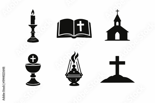 Religious symbols collection: candle, bible, church, chalice, incensor, cross