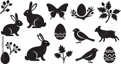 Easter icons set with bunnies, eggs, and spring flowers