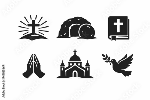 Christian symbols collection: cross, tomb, bible, praying hands, church, dove