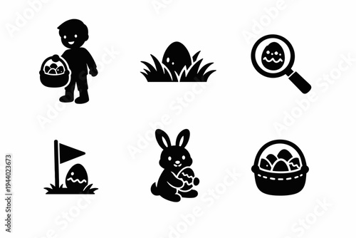 Easter egg hunt icons with bunny, basket, and child silhouettes
