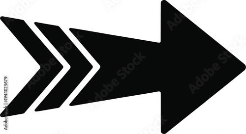 Black graphic arrow points right with triple chevrons.