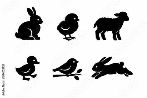 Silhouettes of baby animals: bunny, chick, lamb, duckling, bird, leaping hare