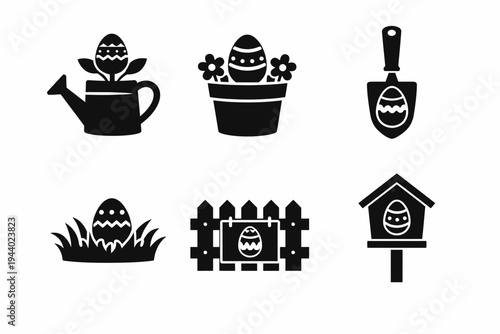 Easter egg silhouettes with gardening tools and spring decorations