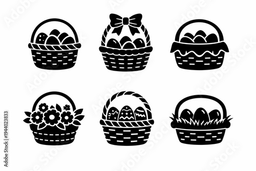 Silhouette icons of easter egg baskets with decorative details