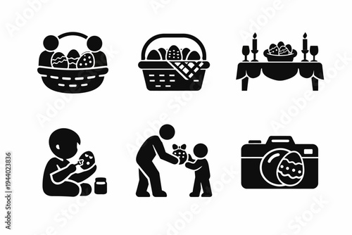 Easter egg hunt and celebration icon set featuring baskets and family activities