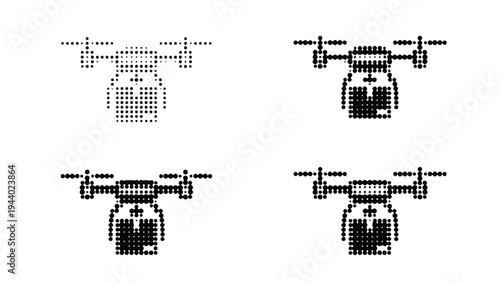 Four drone designs in various stages of development and detail, from wireframe to realistic render, against a clean white background.