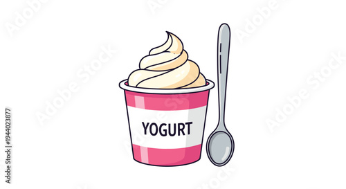 Tasty yogurt in a pink cup topped with a swirl of cream and served with a silver spoon illustration on white background.