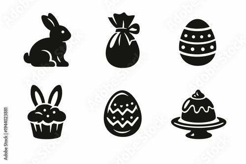Easter icons: bunny, eggs, cake, and gifts silhouettes on white background