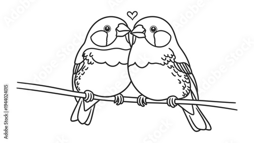 Love Birds Perched: A tender illustration depicts two birds in affectionate embrace, their beaks gently touching as a symbol of love and togetherness, perched on a branch, under a small heart.
