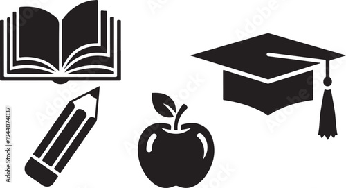 Education icons including book, graduation cap, pencil, and apple