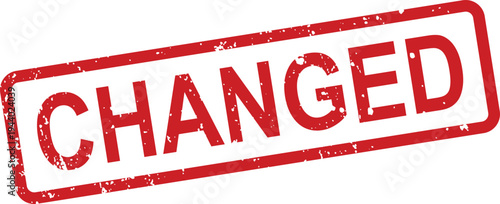 A rustic red rectangular stamp with the clear word CHANGED signifying modification or alteration