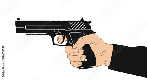 Hand holding a black handgun illustration demonstrating a shooting stance or weapon usage on a white background.