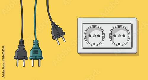 Three power plugs and a double electrical socket on a bright yellow wall representing energy and connectivity.