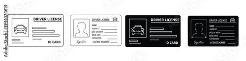 Collection of four stylized drivers license identification cards with icons and text fields presented in outline and filled styles