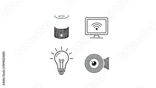 Line drawing of smart home devices including a security camera, light bulb, computer monitor, and speaker on a white background with a minimalist style.