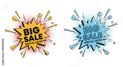 Two big sale promotional stickers in yellow and blue with explosion shapes and dots for marketing and advertising.