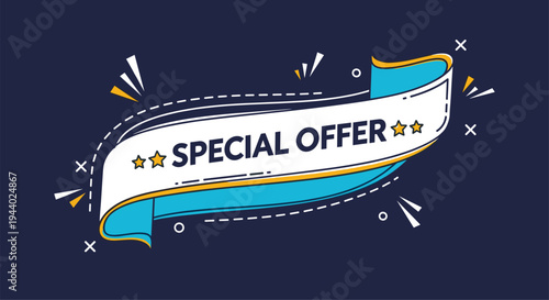 Special offer banner design featuring a white and blue ribbon with stars against a dark navy blue background.