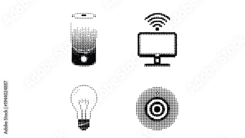 Flat lay of smart home devices including a wireless router, speaker, light bulb, and camera on a white background with a technological and modern mood.
