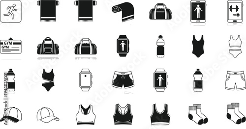 Gym and Fitness Icons Set for Active Lifestyle Sports Accessories Workout Equipment Apparel and Health Tracking Technology Vector Illustration
